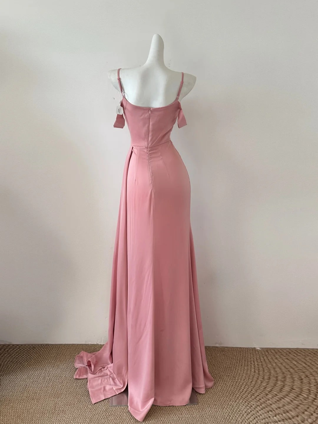 Sweet Pink Spaghetti Straps Bodycon Satin Long Prom Dresses Formal Evening Gowns with Slits RF0690