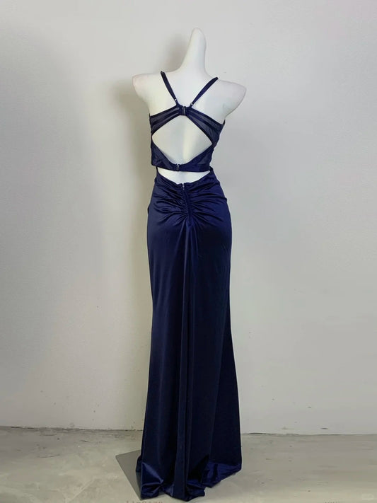 Stunning Navy V-neck Mermaid Satin Formal Evening Gowns Prom Dresses RF0705