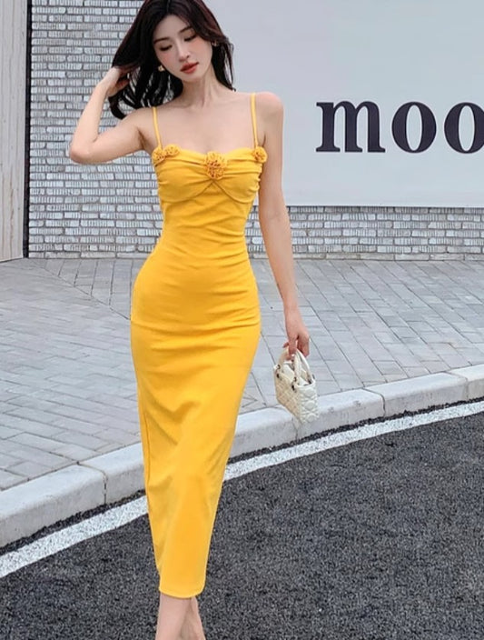 Elegant yellow spaghetti strap summer dress RF0713
