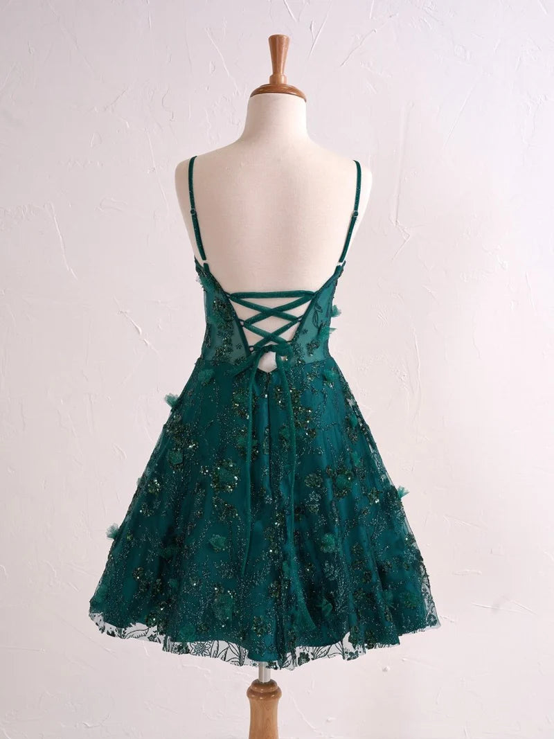 Gorgeous Green Spaghetti Straps A-Line Tulle Applique Short Prom Dresses Homecoming Dress with Sequins RF0727