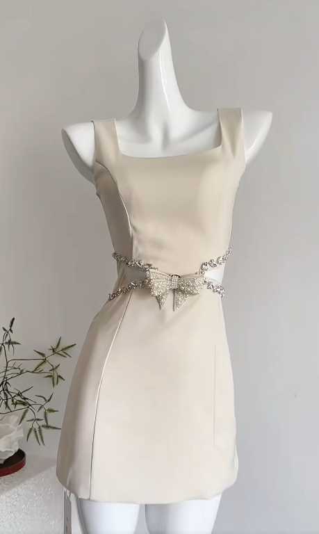 Elegant Apricot Square Neck Bodycon Satin Short Party Dresses Homecoming Dress with Bow RF0742
