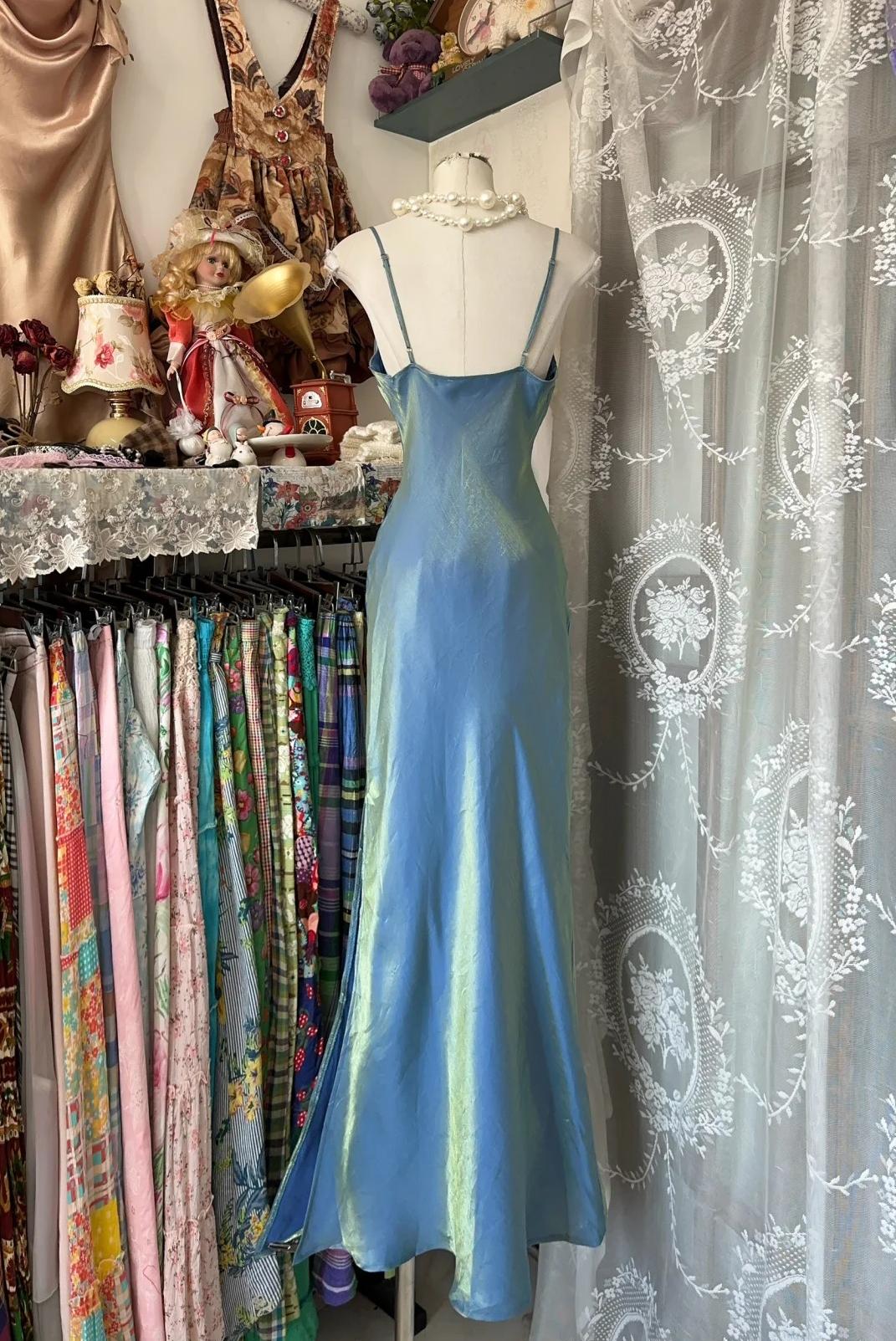 Vintage Glitter Blue Spaghetti Strap Sheath Satin Long Prom Dresses Formal Evening Dress RF0750
