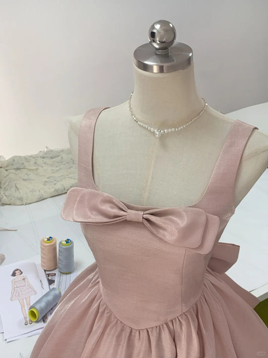 Sweet Pink Square Neck A-Line Satin Short Party Dresses Homecoming Dress RF0752