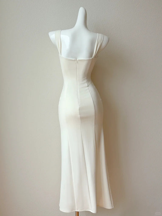 Elegant Light Ivory Spaghetti Straps Bodycon Satin Appliques Prom Dresses Evening Dress with Appliques RF0756