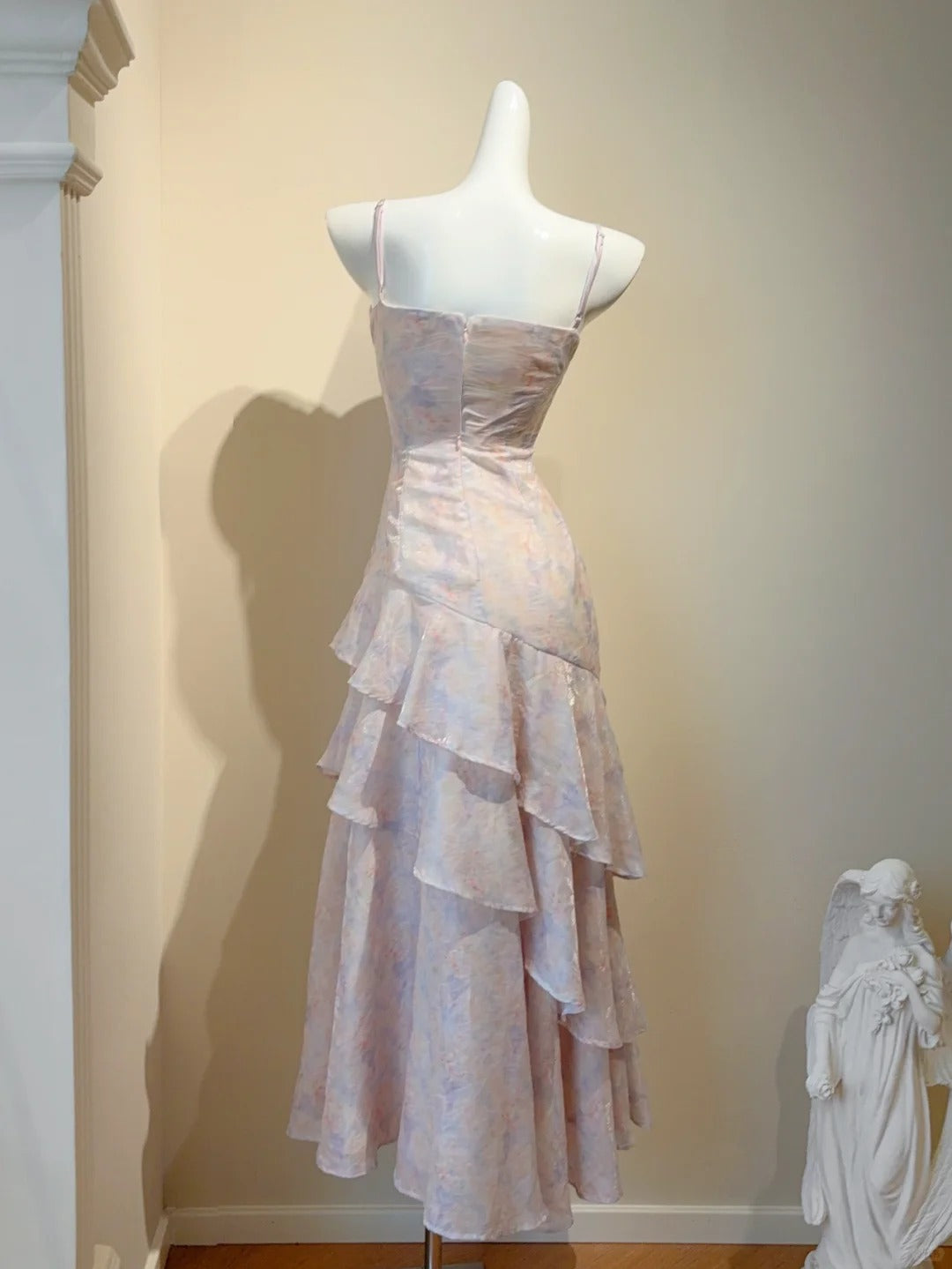 Gorgeous Spaghetti Strap A-Line Printed Chiffon Long Prom Dresses Evening Gowns with Ruffles RF0759
