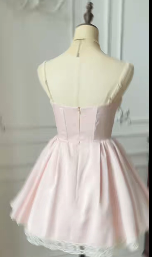 Cute Spaghetti Straps A-Line Lace Satin Short Prom Dresses Homecoming Dress RF0767