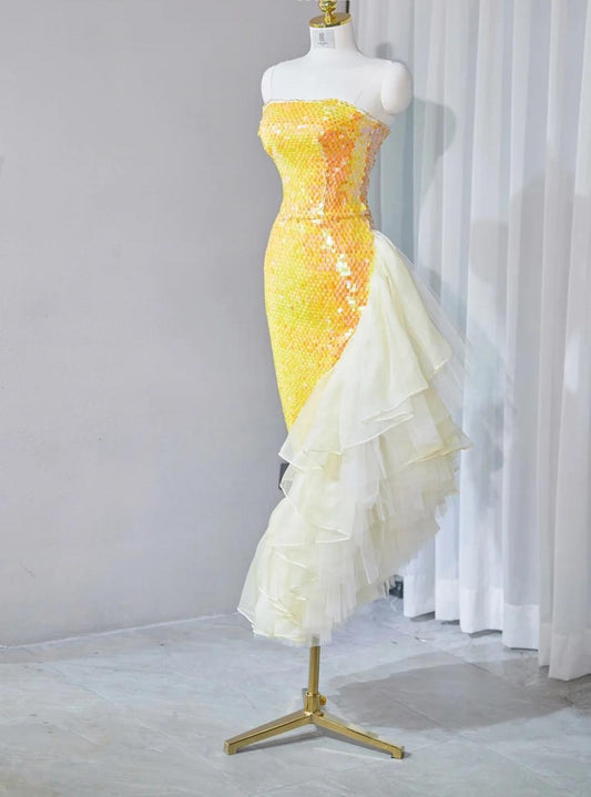 Gorgeous Bright Yellow Strapless Mermaid Sequined Tulle Long Prom Dresses Formal Evening Gowns RF0770