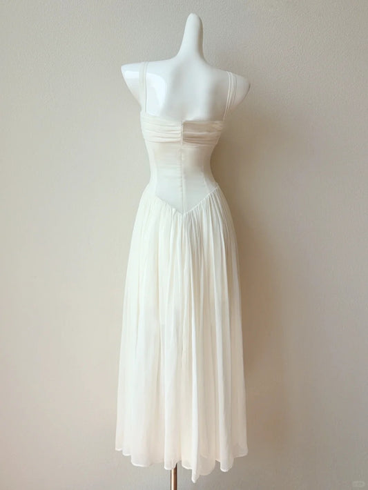 Gentle White Spaghetti Strap A-Line Chiffon Long Prom Dresses Birthday Evening Dress Gowns RF0775