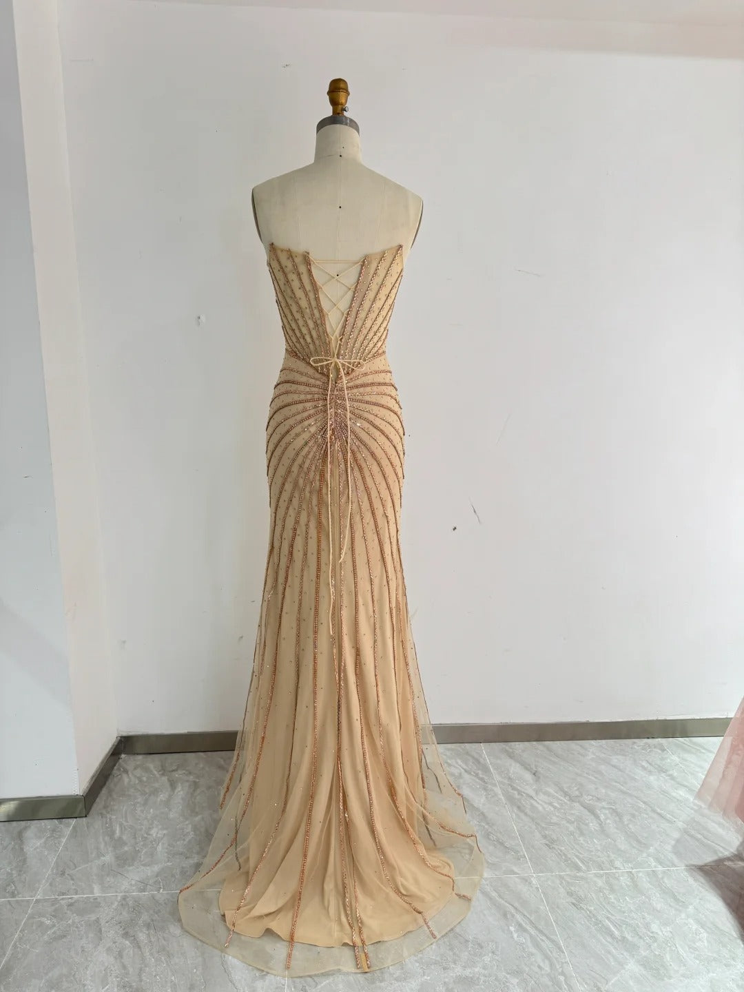 Fashion Gold Strapless Mermaid Tulle Long Prom Dresses Formal Evening Gowns with Beading RF0790