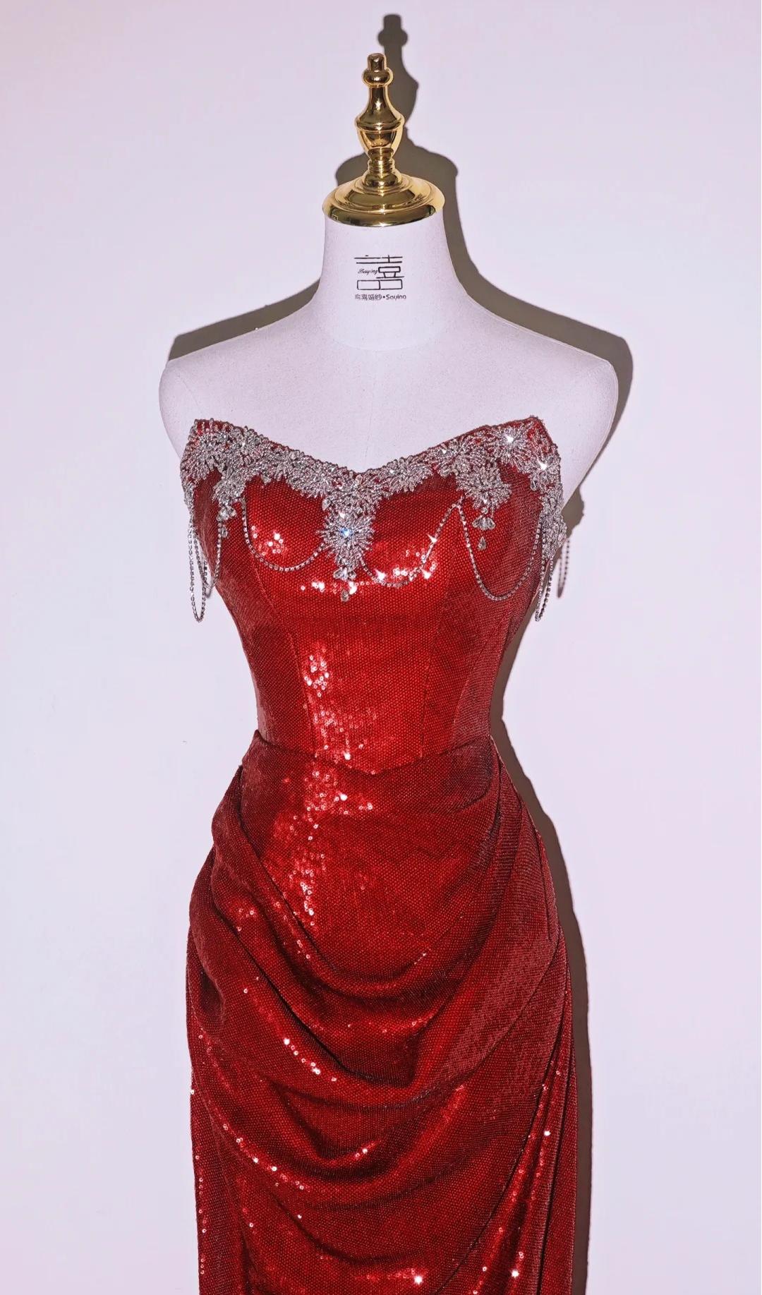 Gorgeous Burgundy Strapless Sheath Sequins Long Prom Dresses Formal Evening Gowns RF0791