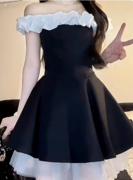 Elegant French Off-shoulder Black A-Line Dress RF0792