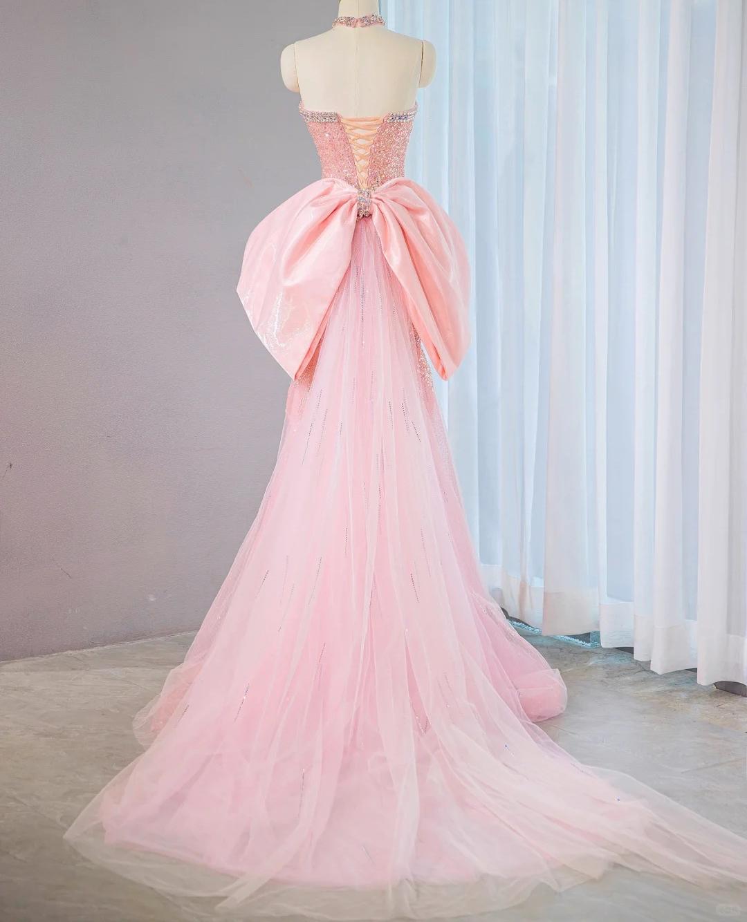 Sweet Strapless Pink Mermaid Beaded Tulle Long Prom Dresses Formal Evening Dress with Bow RF0800