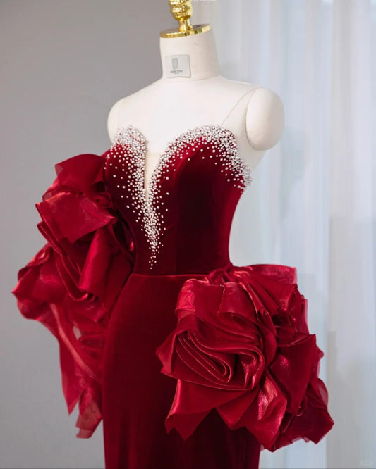 Elegant Burgundy Sweetheart Neck Mermaid Satin Long Prom Dresses Formal Evening Dresses RF0801