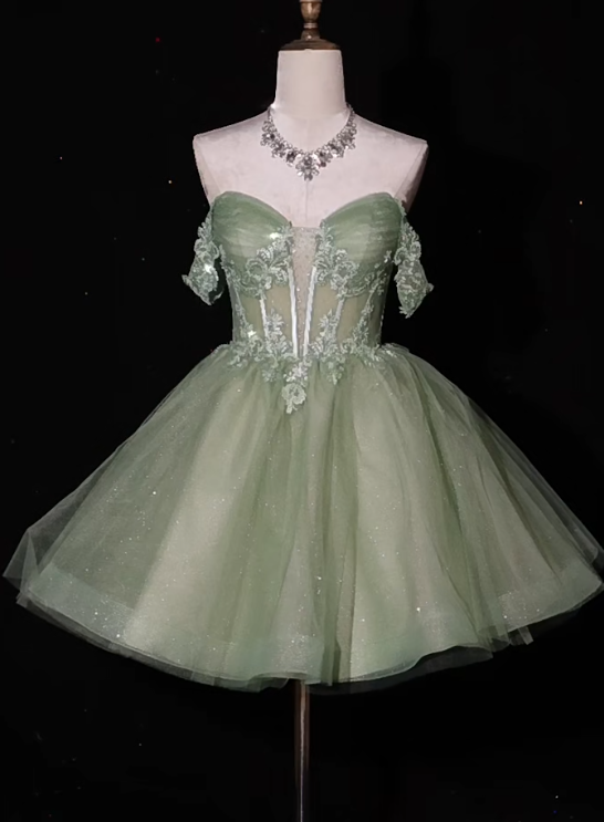 Sweet Green Off-the-shoulder A-Line Tulle Short Prom Dresses Homecoming Dresses with Appliques RF0809