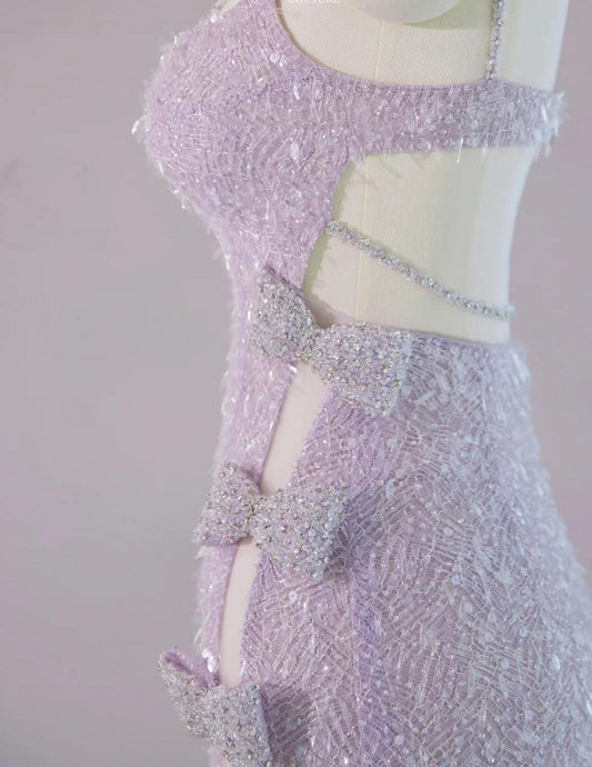 Gorgeous Light Purple V-Neck Sheath Lace Beaded Long Prom Dresses Formal Evening Gowns with Slits RF0826