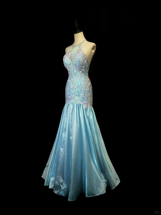 Vintage Blue Crew Neck Mermaid Satin Sequin Long Prom Dresses Formal Evening Gowns with Appliques RF0827