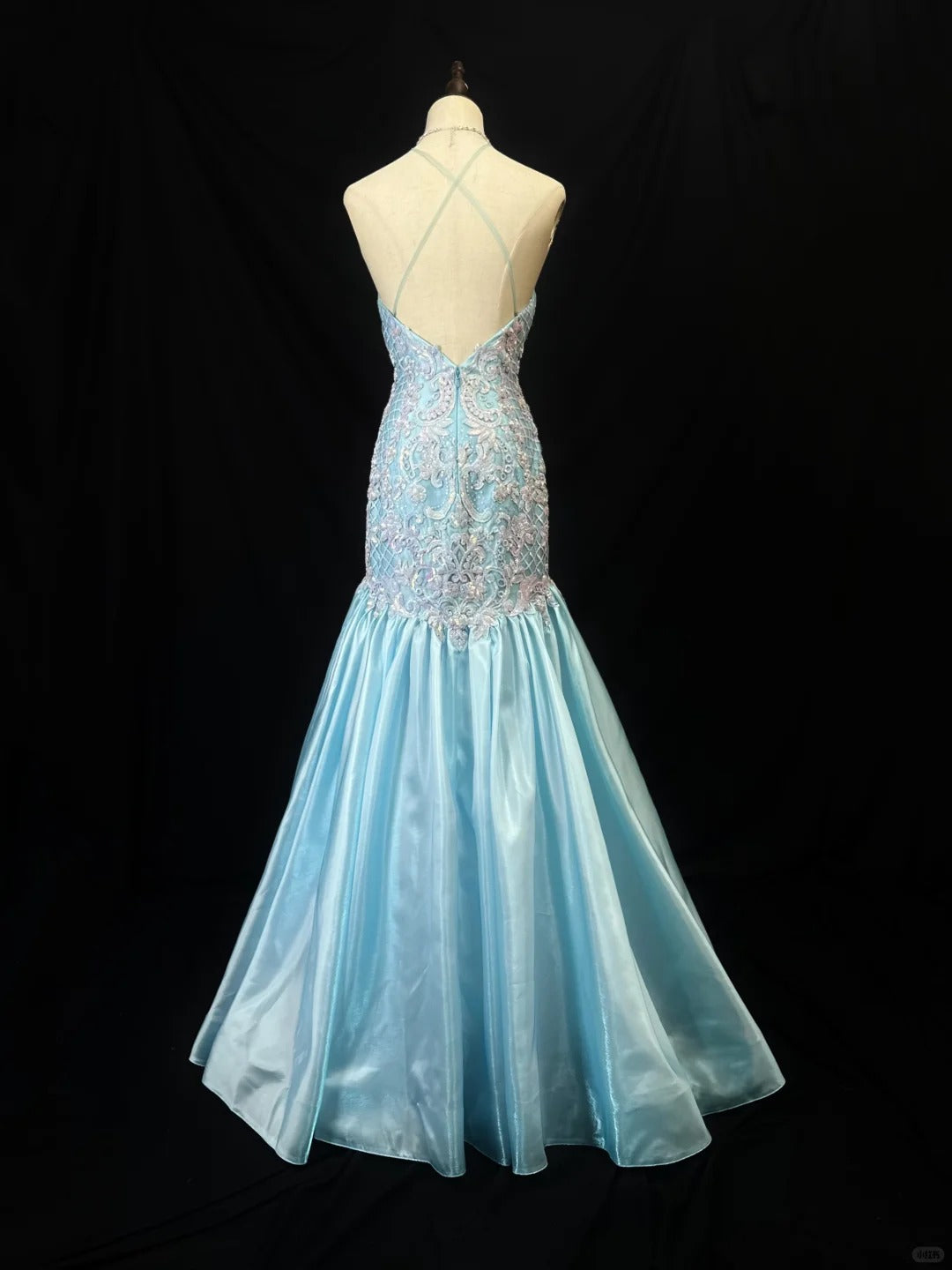 Vintage Blue Crew Neck Mermaid Satin Sequin Long Prom Dresses Formal Evening Gowns with Appliques RF0827