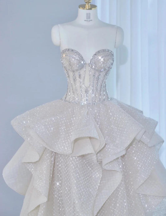 Gorgeous Sweetheart Neckline A-Line Beaded Sequin Long Prom Dresses Unique Wedding Dresses with Train RF0833