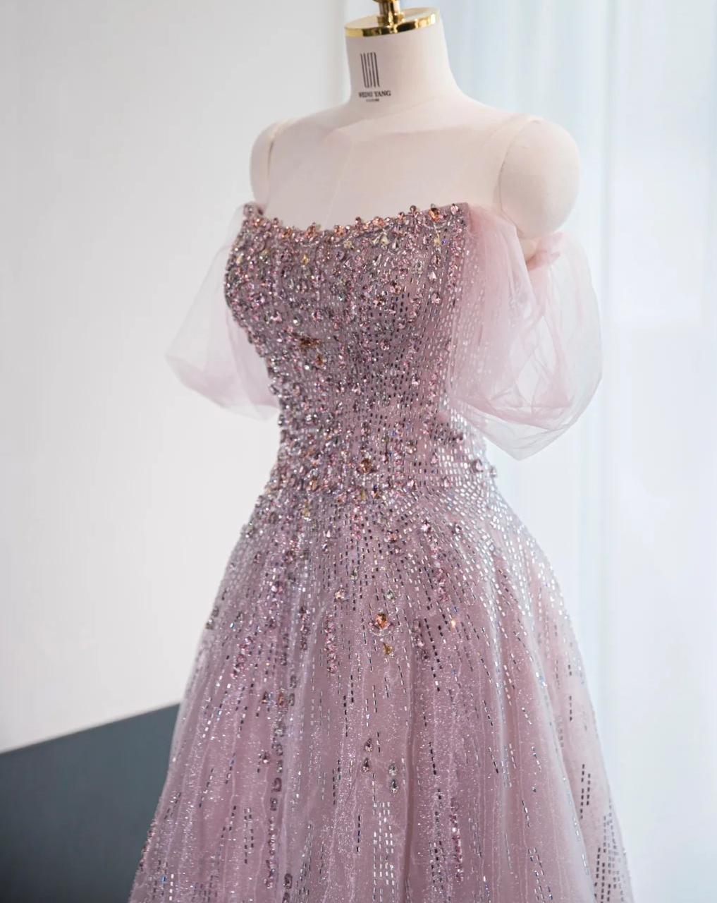 Gorgeous Pink Off Shoulder A-Line Tulle Sequins Long Prom Dresses Formal Evening Gowns RF0847