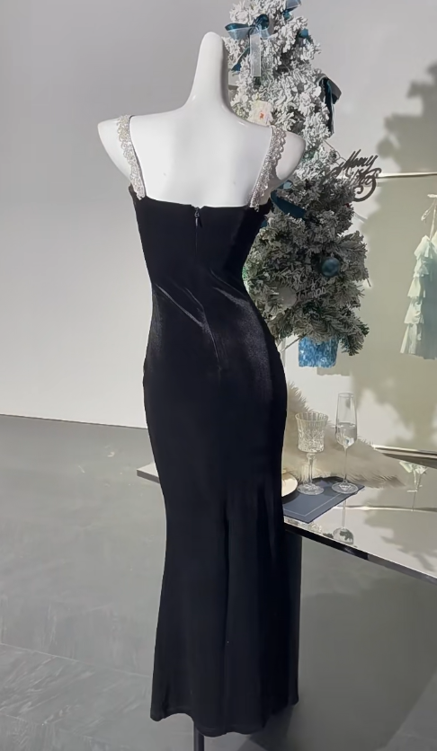 Glam Black Square Neck Sheath Satin Long Prom Dresses Simple Evening Gowns RF0849