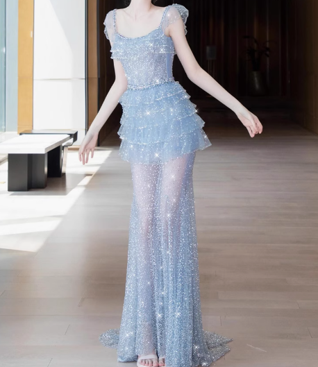 Fairytale Ice Blue Square Neck A-Line Tulle Sequin Long Prom Dresses Formal Evening Gowns RF0853