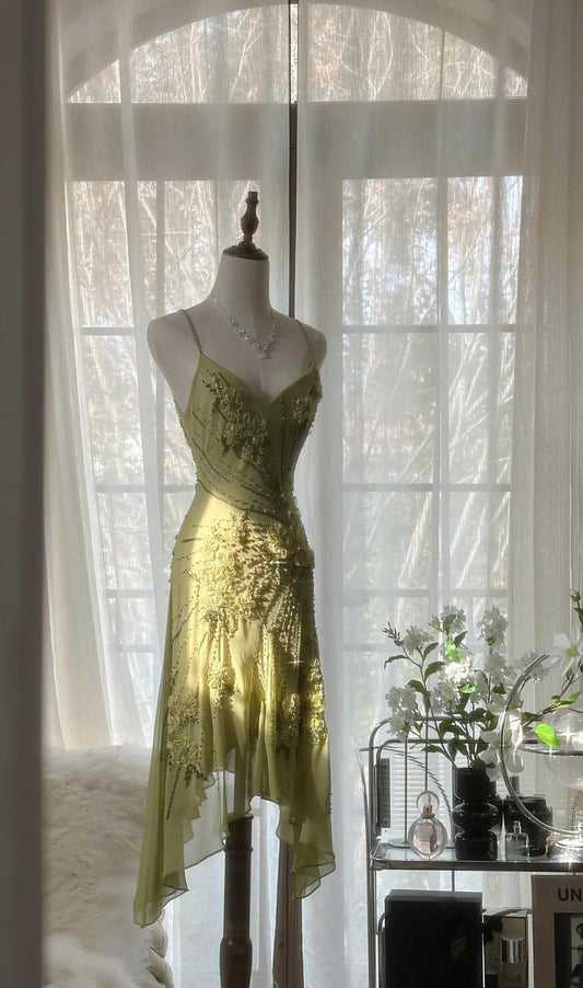 Elegant Green Spaghetti Straps Sheath Chiffon Beaded Short Prom Dresses RF0868