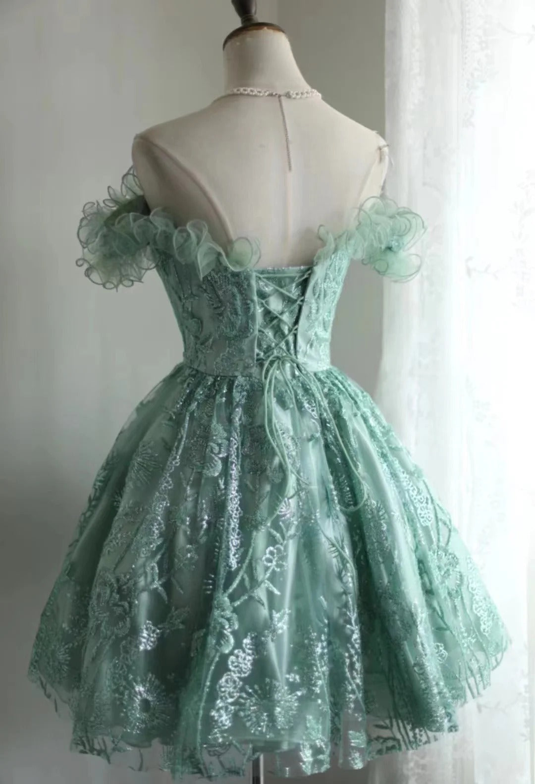 Gorgeous Green Off-the-Shoulder A-Line Tulle Beaded Short Prom Dresses Homecoming Dresses RF0873