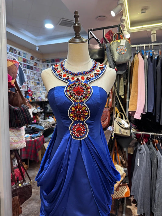Elegant Blue Round Neck Mermaid Satin Beaded Long Prom Dresses Formal Evening Dresses RF0887