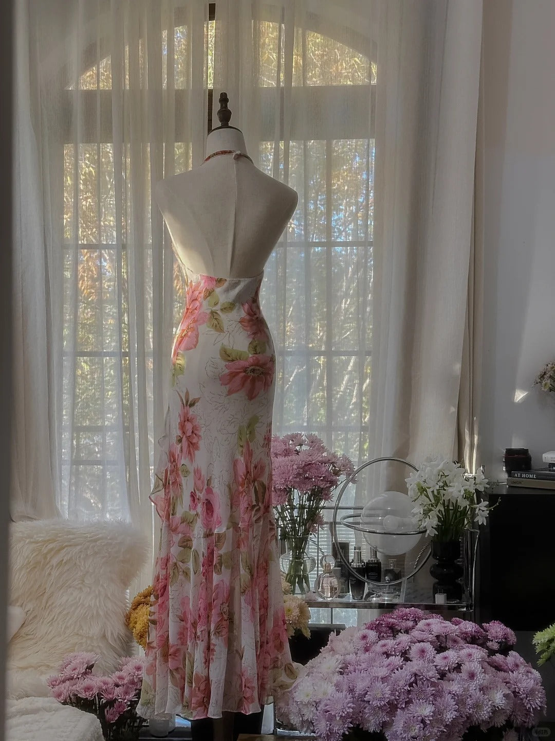 Elegant Printed Chiffon Halter Neck Sheath Prom Dresses Vintage Evening Gowns RF0891