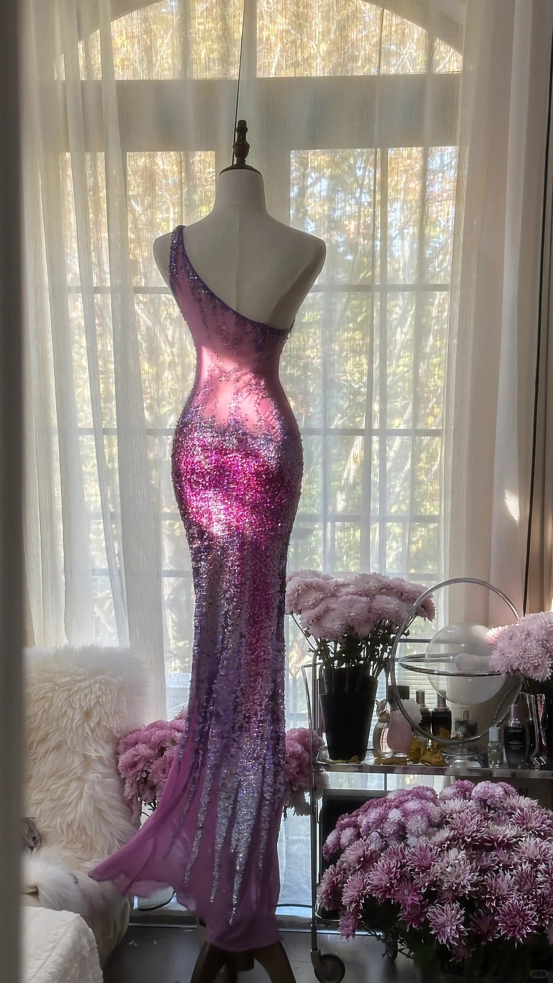 Gorgeous Purple One Shoulder Mermaid Tulle Beaded Long Prom Dresses Formal Evening Dress RF0892