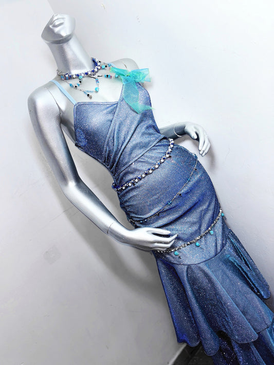 Glitter Spaghetti Straps Navy Blue Mermaid Long Prom Dresses Birthday Evening Dresses RF0896