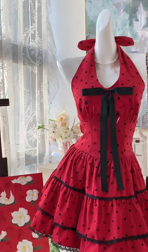 Elegant Red Halter A-Line Short Polka Dot Pool Party Dress RF0904