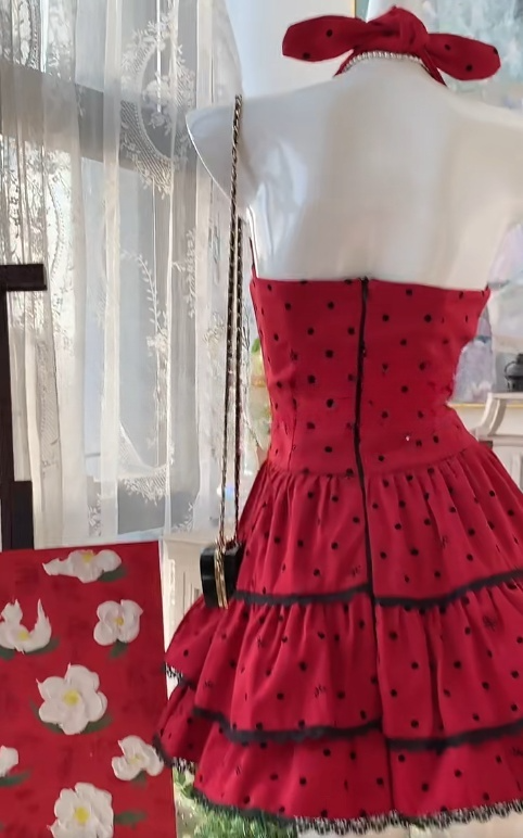 Elegant Red Halter A-Line Short Polka Dot Pool Party Dress RF0904