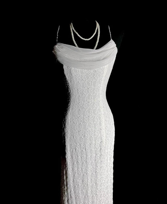 Elegant White Spaghetti Strap Mermaid Lace Long Prom Dresses Vintage Formal Evening Dresses RF0950