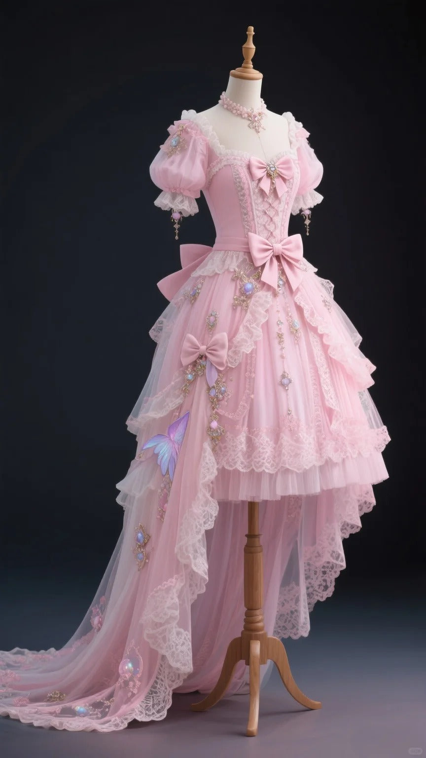 Fairytale Pink Square Neck Hi-Lo Tulle Lace Prom Dresses Sweet 16 Dress RF0952
