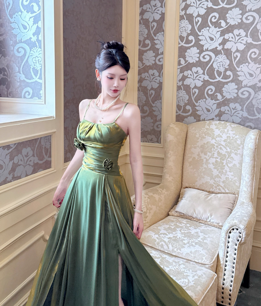 Gorgeous Green Spaghetti Straps A-Line Satin Long Prom Dresses Birthday Party Dresses RF0961