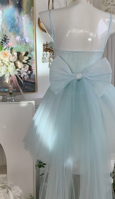 Fairytale Blue Spaghetti Straps A-Line Tulle Short Evening Dress with Appliques Sweet Homecoming Dress RF0962