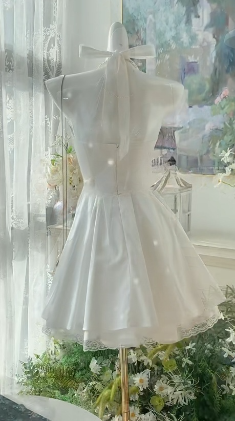 Simple White Halter A-Line Satin Short Birthday Party Dress RF0963