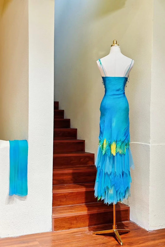 Vintage Blue Spaghetti Straps Sheath Chiffon Long Prom Dresses Glamour Evening Dress RF0978