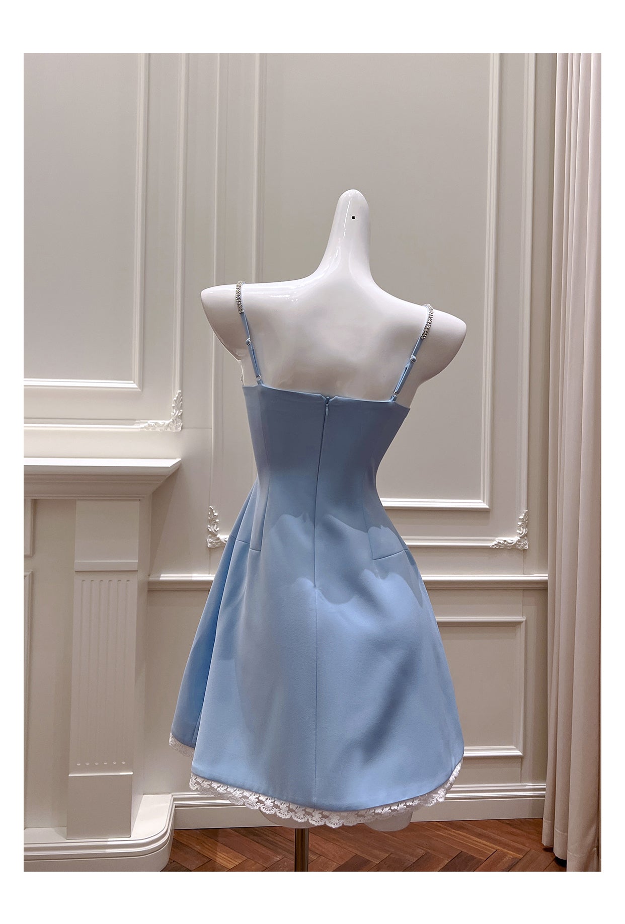 Sweet Blue A-Line Satin Spaghetti Strap Short Homecoming Dress, Casual Evening Dress with Lace RF0983
