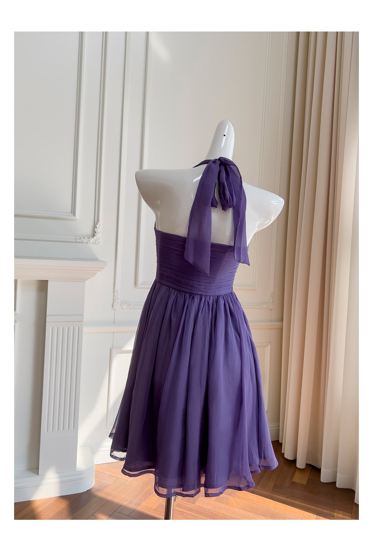 Fashion Purple A-Line Halter Short Chiffon Party Dress, Casual Evening Dress RF0985