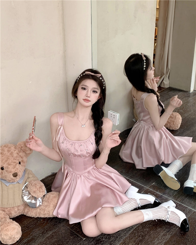 Sweet Pink A-Line Strap Satin Short Casual Dress RF0999
