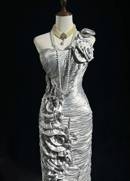Timeless Prom Dresses Mermaid One Shoulder Silver Satin With Flowers Beading Long Evening Outfits N3200