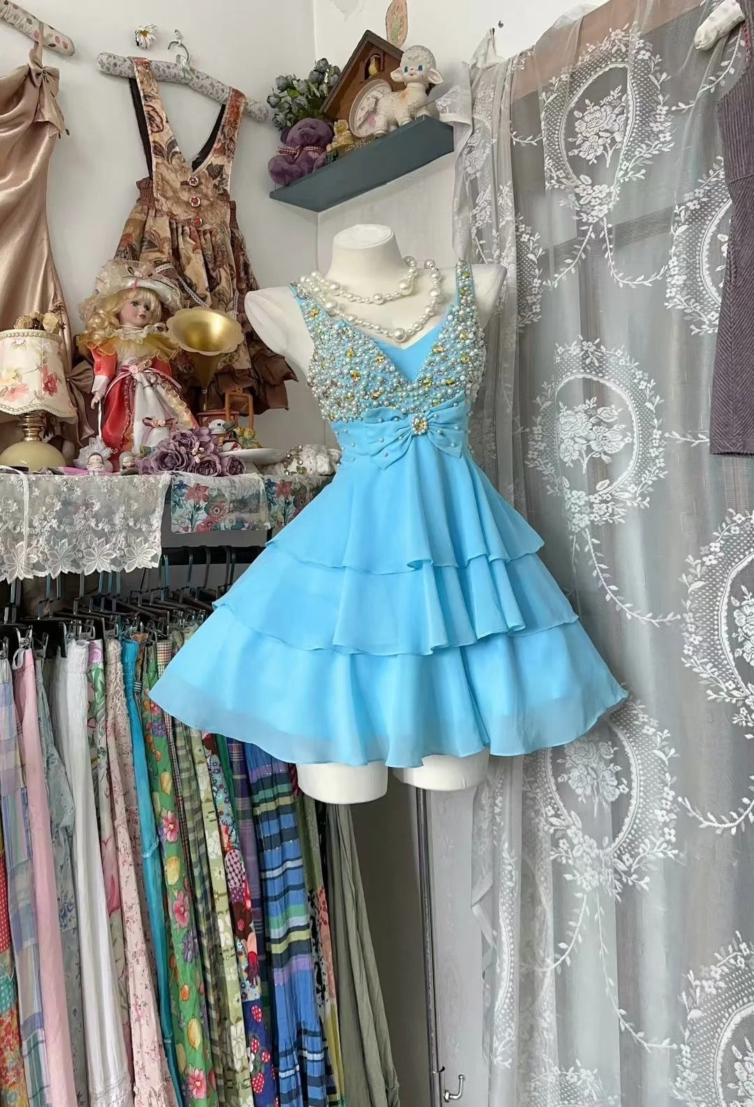 Cute Ball Gown Light Blue Chiffon Short Mini 16th Birthday Gown Homecoming Outfits N3605