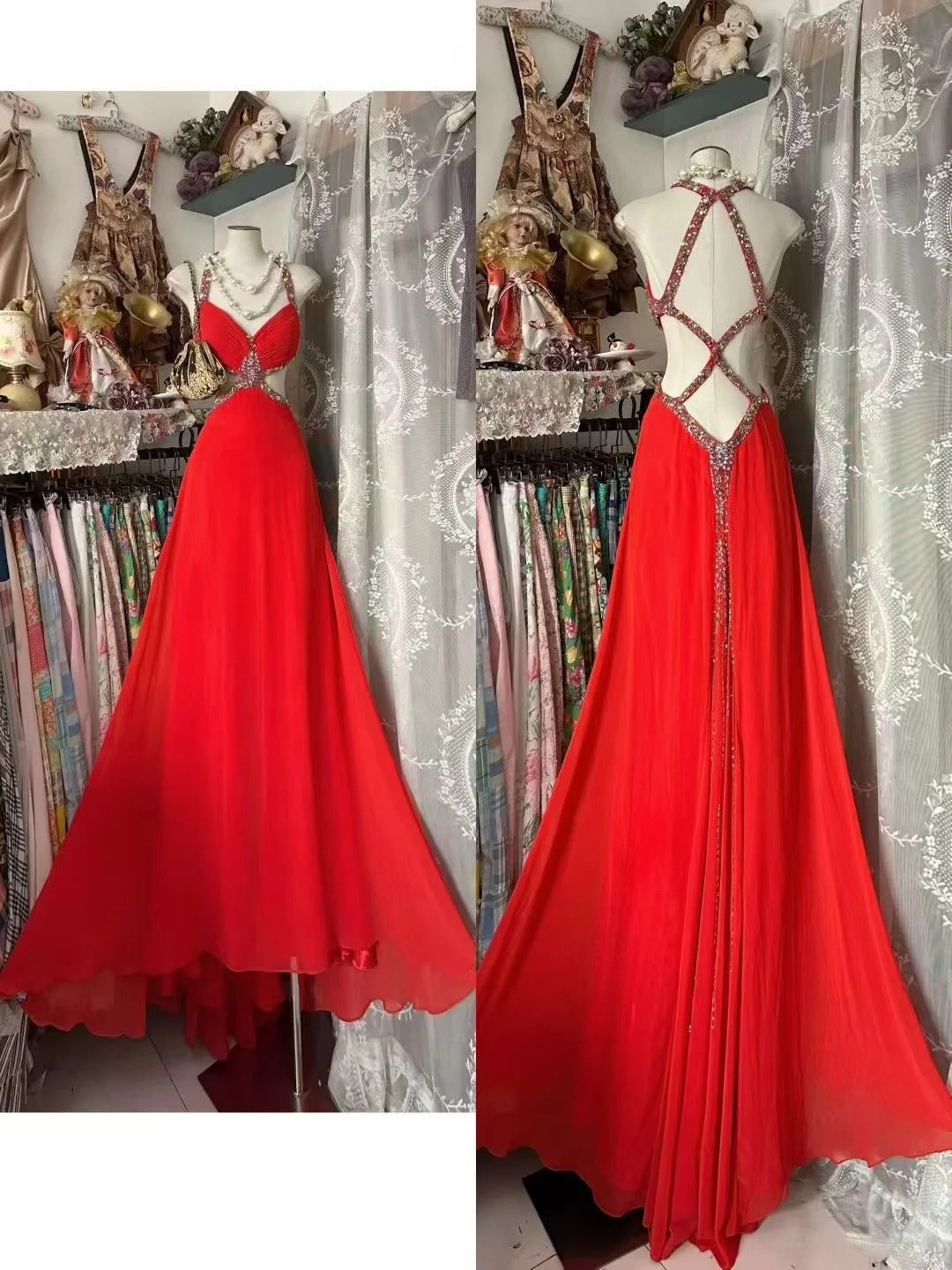 Vintage Prom Dresses Aesthetic A line Spaghetti Straps Red Chiffon Inspo Formal Party Gowns N1977