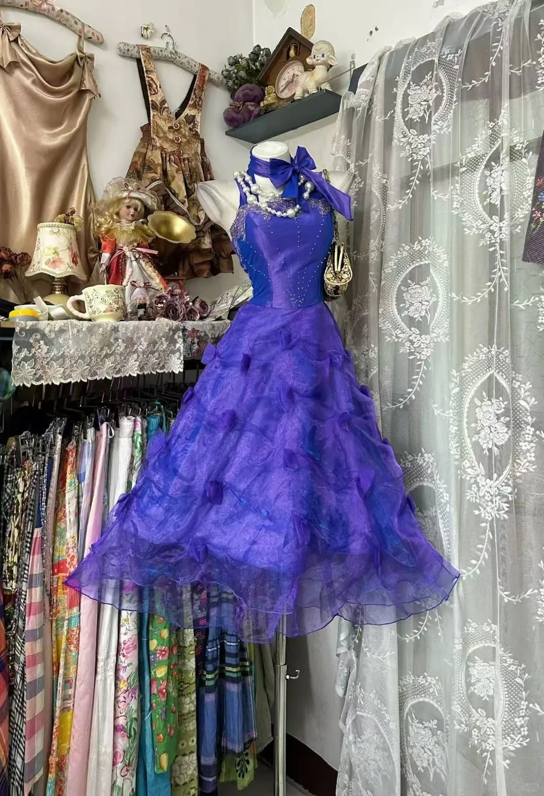 Vintage Hoco Dress Ball Gown Straps Purple Tea Length Homecoming Party Dresses RB9803