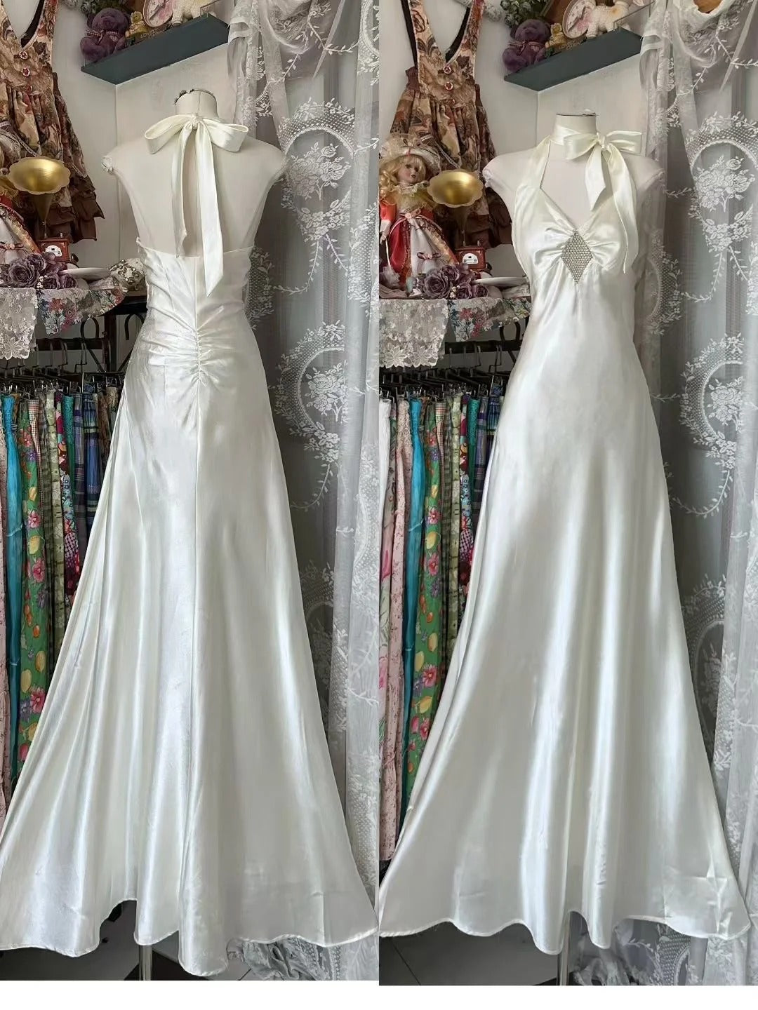 Vintage Prom Dresses Aesthetic Mermaid Halter White Satin Long Inspo Formal Party Gowns N1981