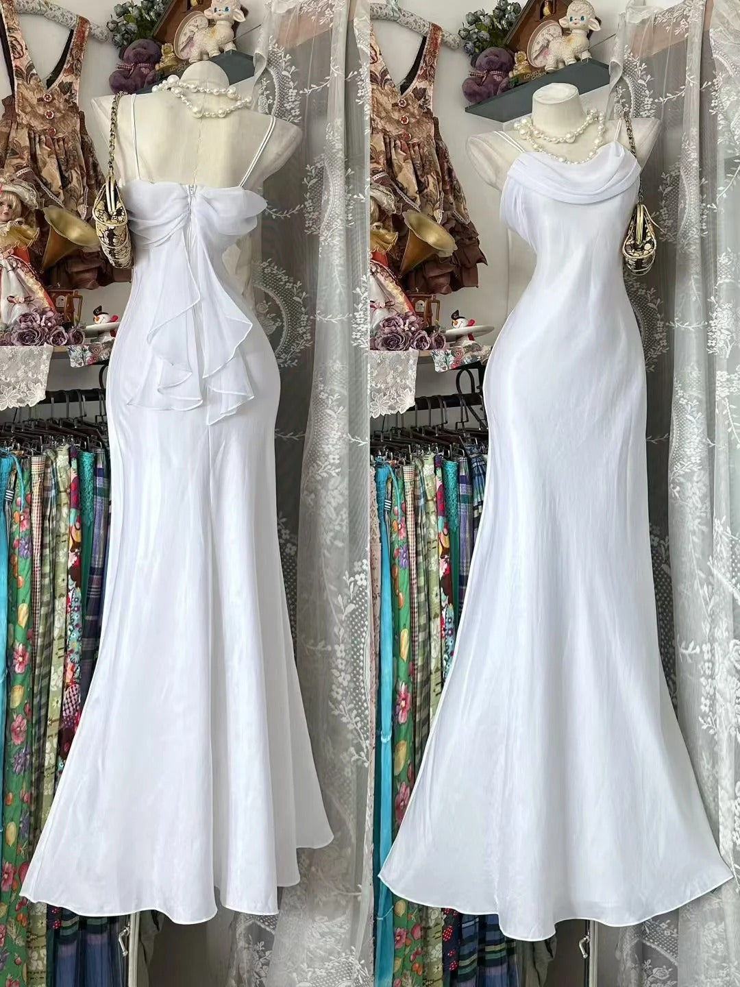 Vintage Prom Dresses Aesthetic Mermaid Spaghetti Straps White Chiffon Long Inspo Formal Party Gowns N1971