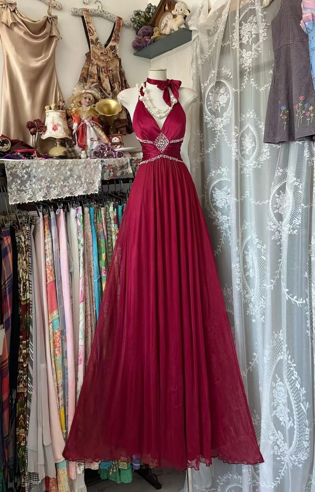 Vintage Prom Dresses Aesthetic A line Halter Burgundy Chiffon Inspo Formal Party Dress N1986