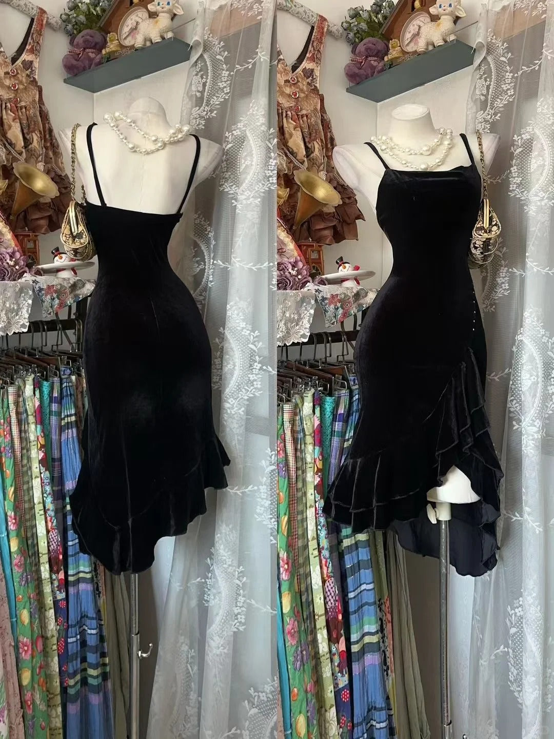 Vintage Mermaid Spaghetti Straps Velvet Black Hoco Gowns Birthday Dress Homecoming Dresses N1346